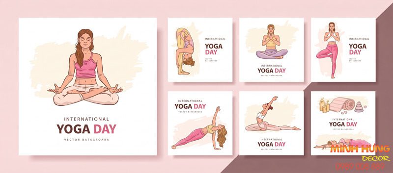 Set tranh ghép treo tường hình vẽ tay các động tác yoga nữ tính tông màu hồng be trang trí góc tập tại nhà
