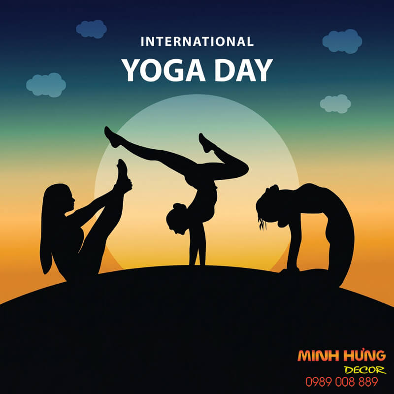 Tranh treo tường phòng tập yoga nghệ thuật hình bóng asana uốn dẻo dưới hoàng hôn tông màu tối huyền bí