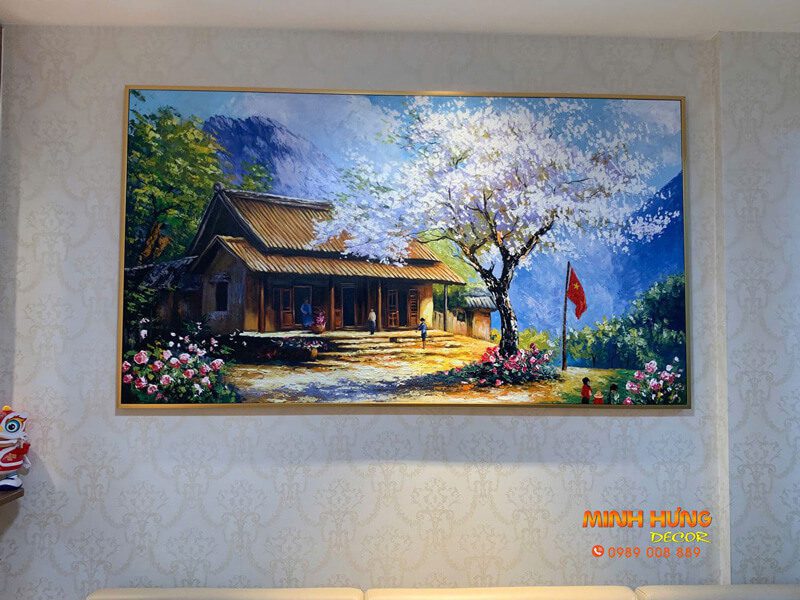 Tranh treo tường phong cảnh Tây Bắc mùa hoa ban nở bên hiên nhà gỗ truyền thống trang trí phòng khách