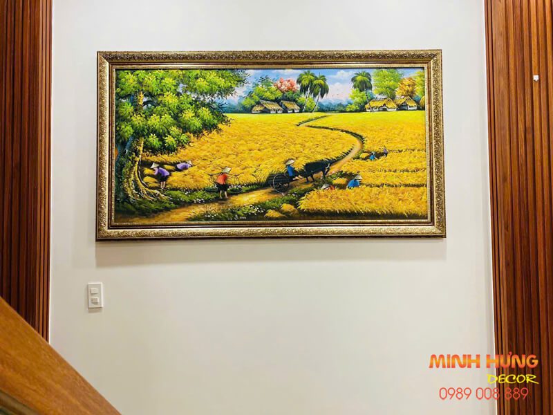 Tranh treo tường phong cảnh đồng quê lúa chín mùa vàng gặt lúa đóng khung gỗ cổ điển trang trí