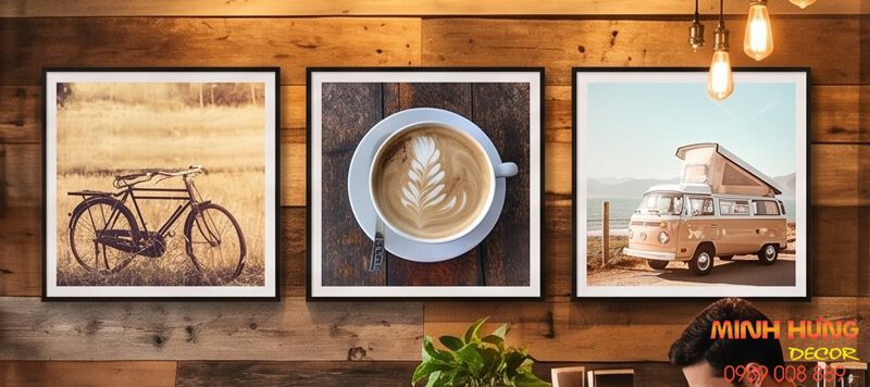 Bộ 3 tranh canvas vuông chủ đề cafe xe cổ phong cách vintage