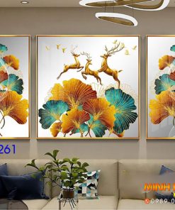 Tranh hươu và lá kim tiền tnp261