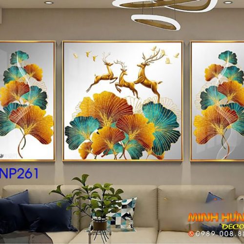 Tranh hươu và lá kim tiền tnp261