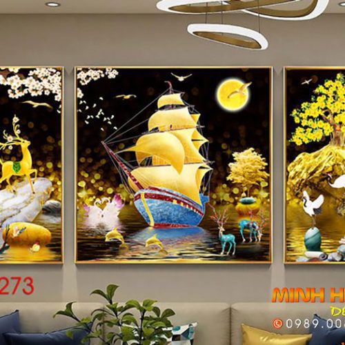 Tranh 3D thuyền buồm và nai vàng tnp273