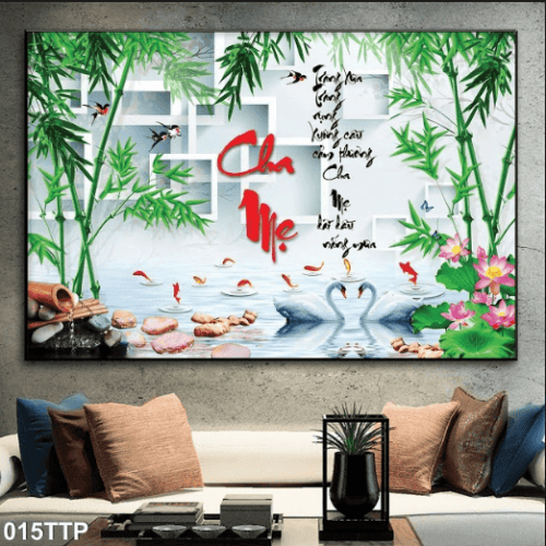 Tranh thư pháp cha mẹ và hoa sen đẹp 015TTP