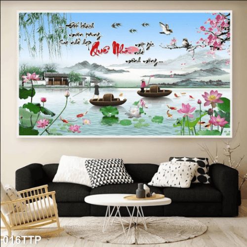 Tranh thư pháp quê nhà và hoa sen 016TTP