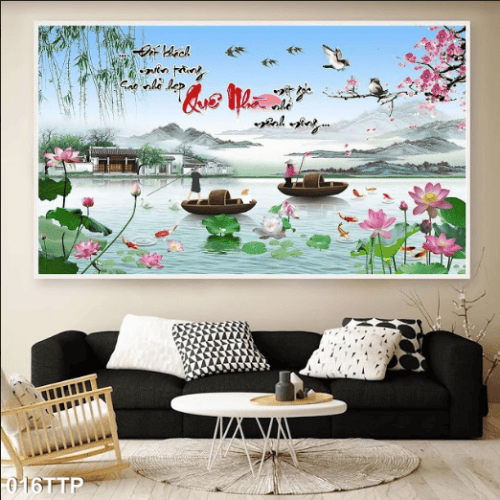 Tranh thư pháp quê nhà và hoa sen 016TTP