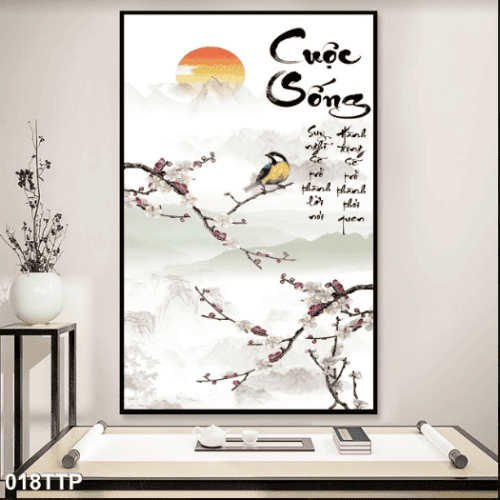 Tranh thư pháp cuộc sống và hoa đào 018TTP