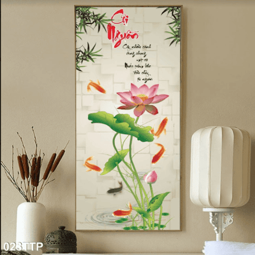Tranh chữ cội nguồn và hoa sen 023TTP