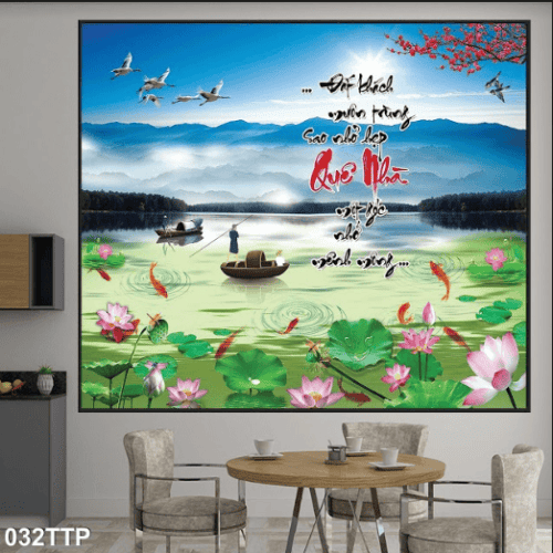 Tranh thư pháp về nhà và hồ sen 032TTP