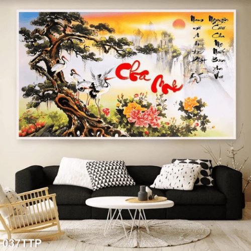 Tranh thư pháp chữ cha mẹ và tùng hạc 037TTP
