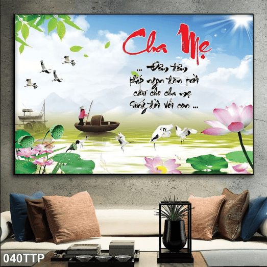 Tranh thư pháp người phụ nữ chèo thuyền 040TTP