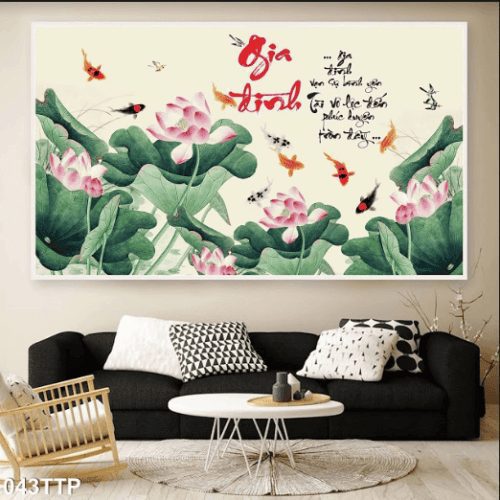 Tranh thư pháp gia đình và hoa sen 043TTP