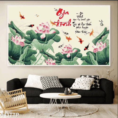 Tranh thư pháp gia đình và hoa sen 043TTP