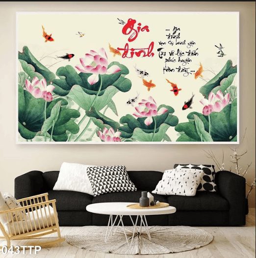 Tranh thư pháp gia đình và hoa sen 043TTP
