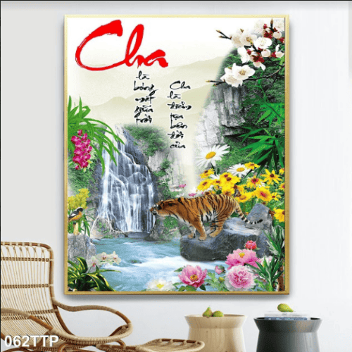 Tranh thư pháp chữ cha và thác nước 062TTP