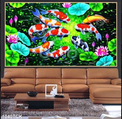 Tranh cá chép 3D và hoa sen đẹp 1040TCK