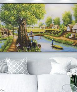 Tranh cậu bé ngồi lưng trâu làng quê 142TDQ