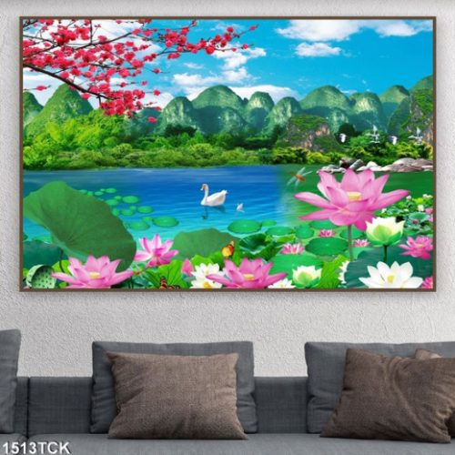 Tranh phong cảnh hồ sen và thiên nga 1513TCK