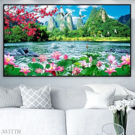 Tranh phong cảnh hồ sen và núi 303TTN
