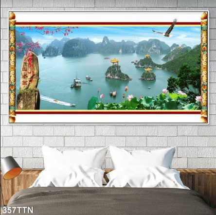 Tranh phong cảnh hoa sen và những ngọn núi 357TTN