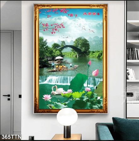Tranh hoa sen và đôi thiên nga 365TTN