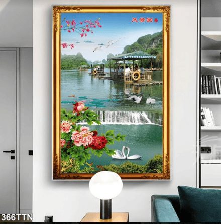 Tranh thác nước chảy nhẹ và đôi thiên nga 366TTN