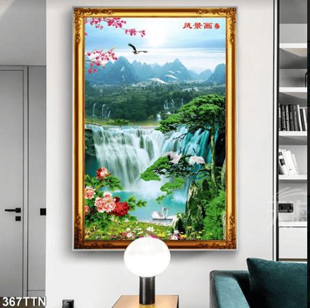 Tranh phong cảnh non nước hữu tình và đôi thiên nga 367TTN