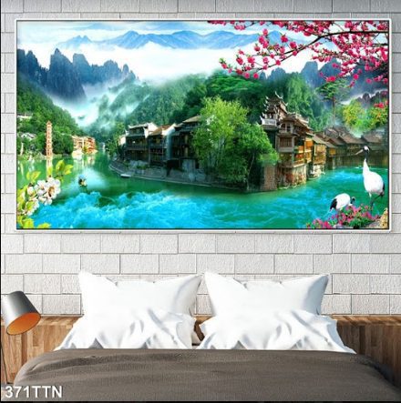 Tranh treo tường núi non và cành đào 371TTN