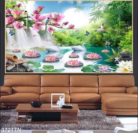 Tranh treo tường thiên nga trong hồ sen 372TTN