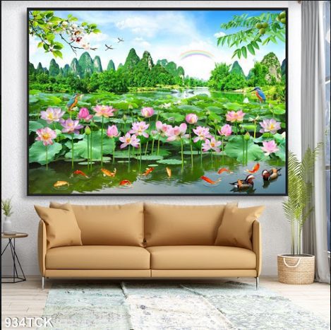 Tranh treo tường cá chép và hồ sen 934TCK