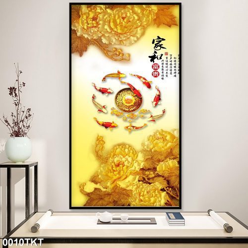 Tranh 3D hoa sen vàng và đàn cá 0010TKT
