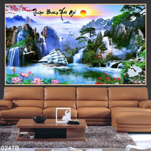 Tranh thuyền buồm và hoa sen 024TB