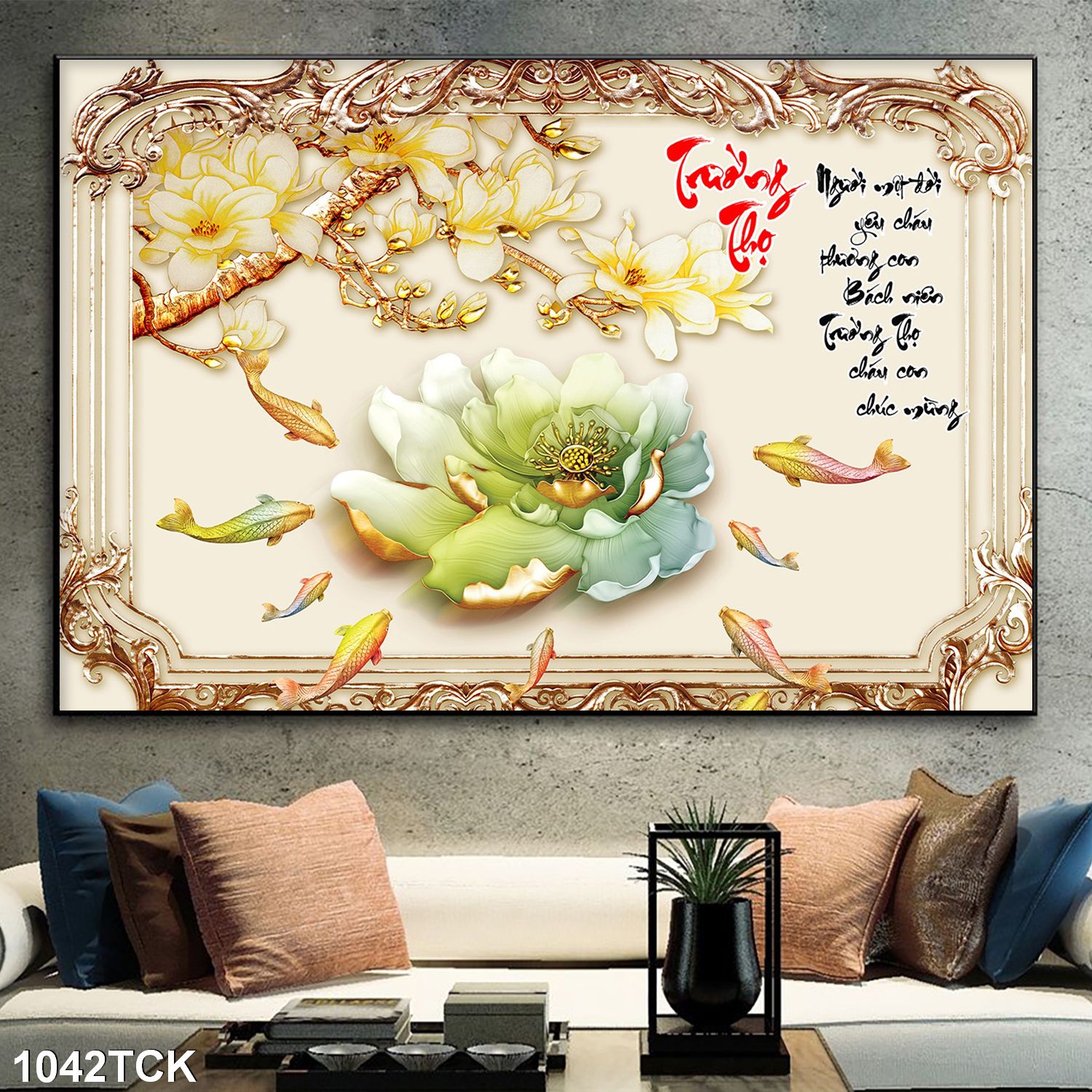 Tranh hoa sen giả ngọc trường thọ 1042TCK