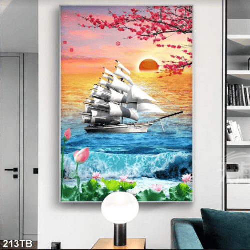 Tranh con thuyền vượt sóng và hoa sen 213TB