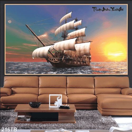 Tranh thuyền buồm dưới ánh hoàng hôn 216TB