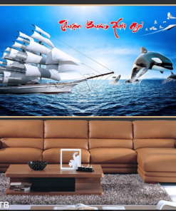 Tranh 3D thuyền buồm và cá heo 273TB