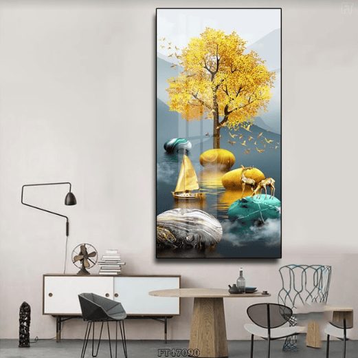 Tranh tráng gương nai vàng và cây tài lộc FT47090