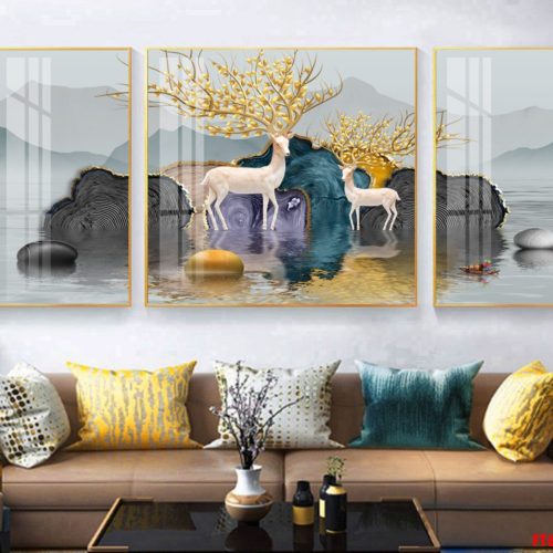 Tranh tráng gương đôi nai trắng đẹp FT60105