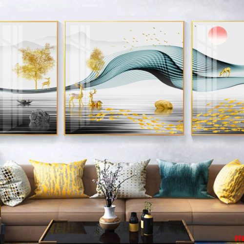 Tranh nai vàng dưới cây tài lộc và đàn cá FT60132