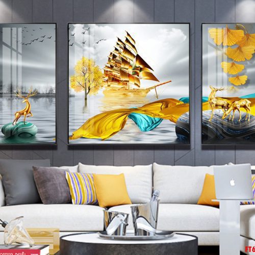 Tranh tráng gương thuyền buồm màu vàng FT60214