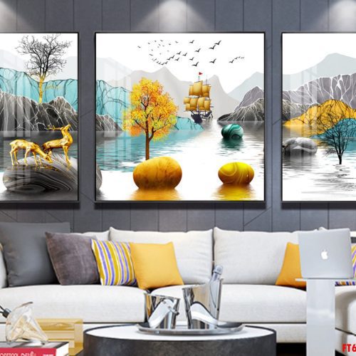 Tranh đôi nai và thuyền buồm FT60229