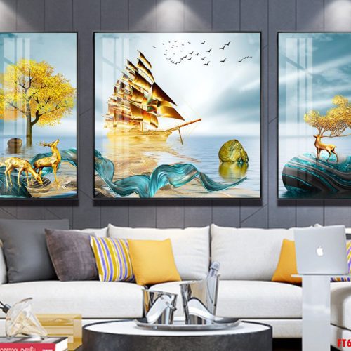 Tranh tráng gương thuyền buồm và đá pha lê FT60234