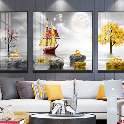 Tranh tráng gương thuyền buồm vàng đỏ FT60238