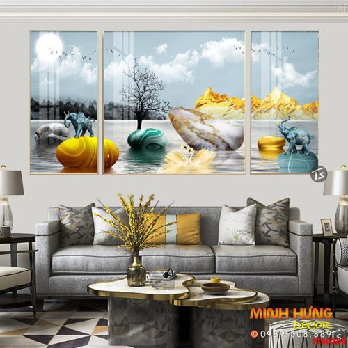 Tranh tráng gương voi vàng và núi non FT60286