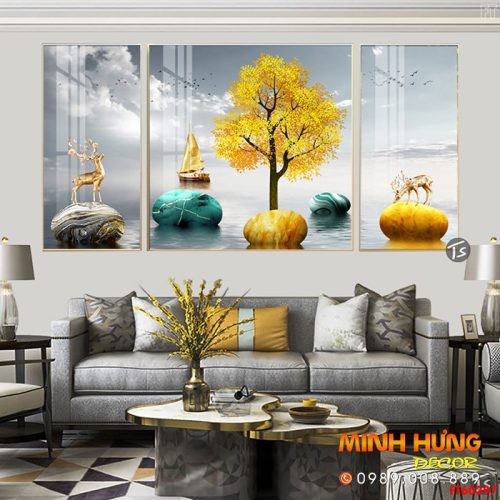 Tranh nai vàng sừng nở hoa và đá pha lê FT60297
