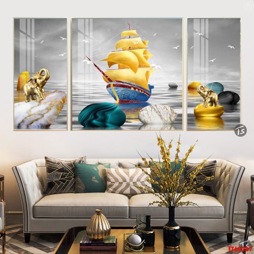 Tranh tráng gương đôi voi vàng FT60387