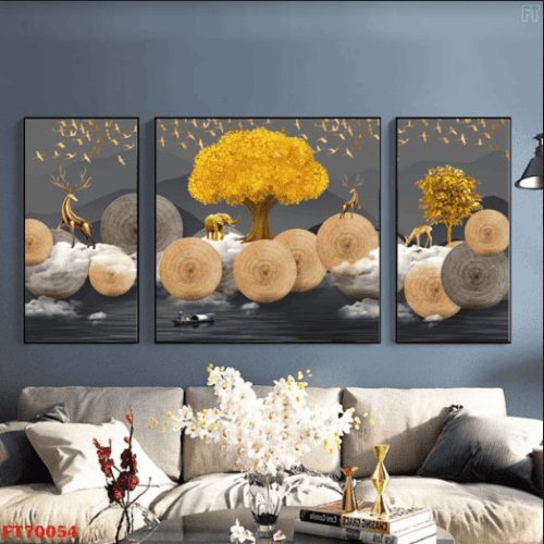Tranh 3D voi vàng và nai vàng đẹp FT70054