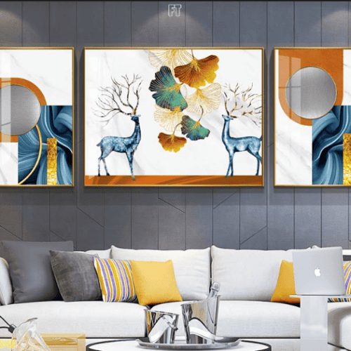 Tranh tráng gương đôi nai và lá rẻ quạt FT95049