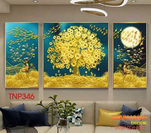 Tranh đôi nai và cây kim tiền TNP346